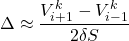 \Delta \approx \dfrac{V_{i+1}^{k}-V_{i-1}^{k}}{2\delta S}